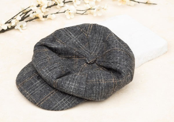 Plaid Newsboy Rust Caps For Women in gray color.