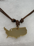 Necklace USA Map.  Hand made, Pendant made in Gold plated 18K, Lather chain