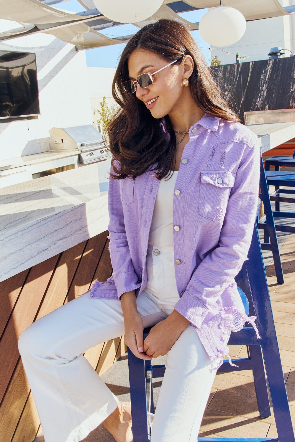 American Bazi Full Size Women's Distressed Button Down Denim Jacket in Lavender