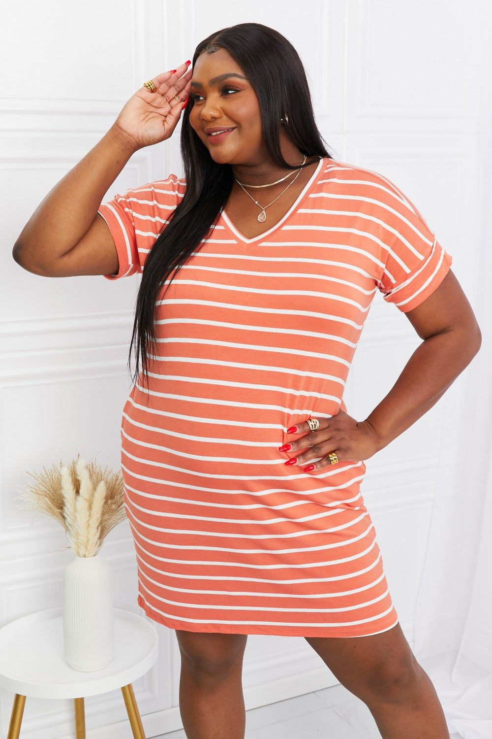 Zenana Full Size Striped V-Neck Pocket Mini Dress In Orange