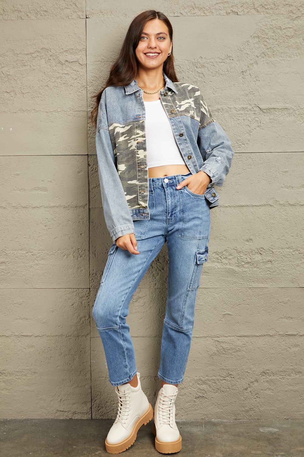 Full Size Washed Denim Camo Contrast Jacket For Women