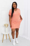 Zenana Full Size Striped V-Neck Pocket Mini Dress In Orange