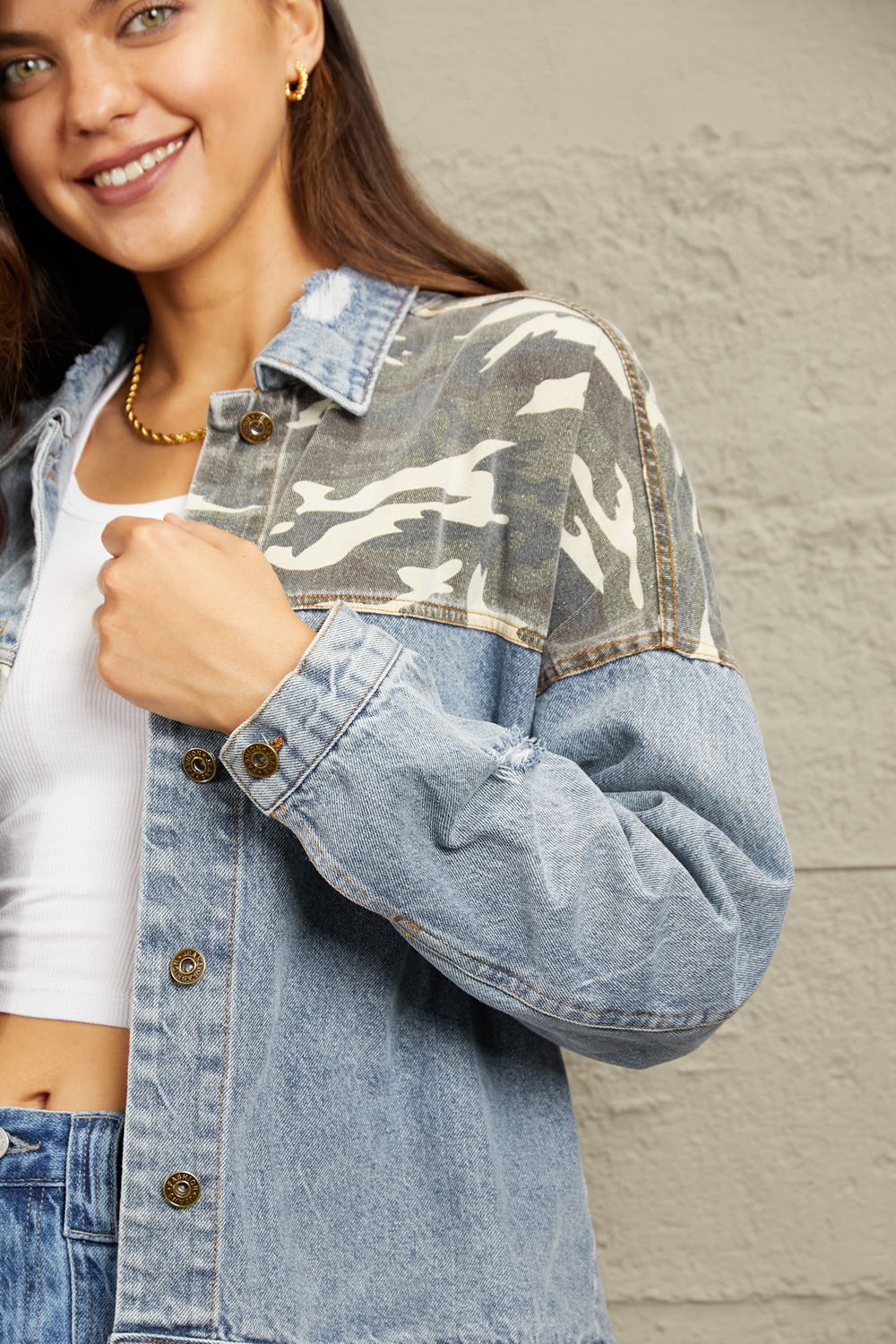 Full Size Washed Denim Camo Contrast Jacket For Women