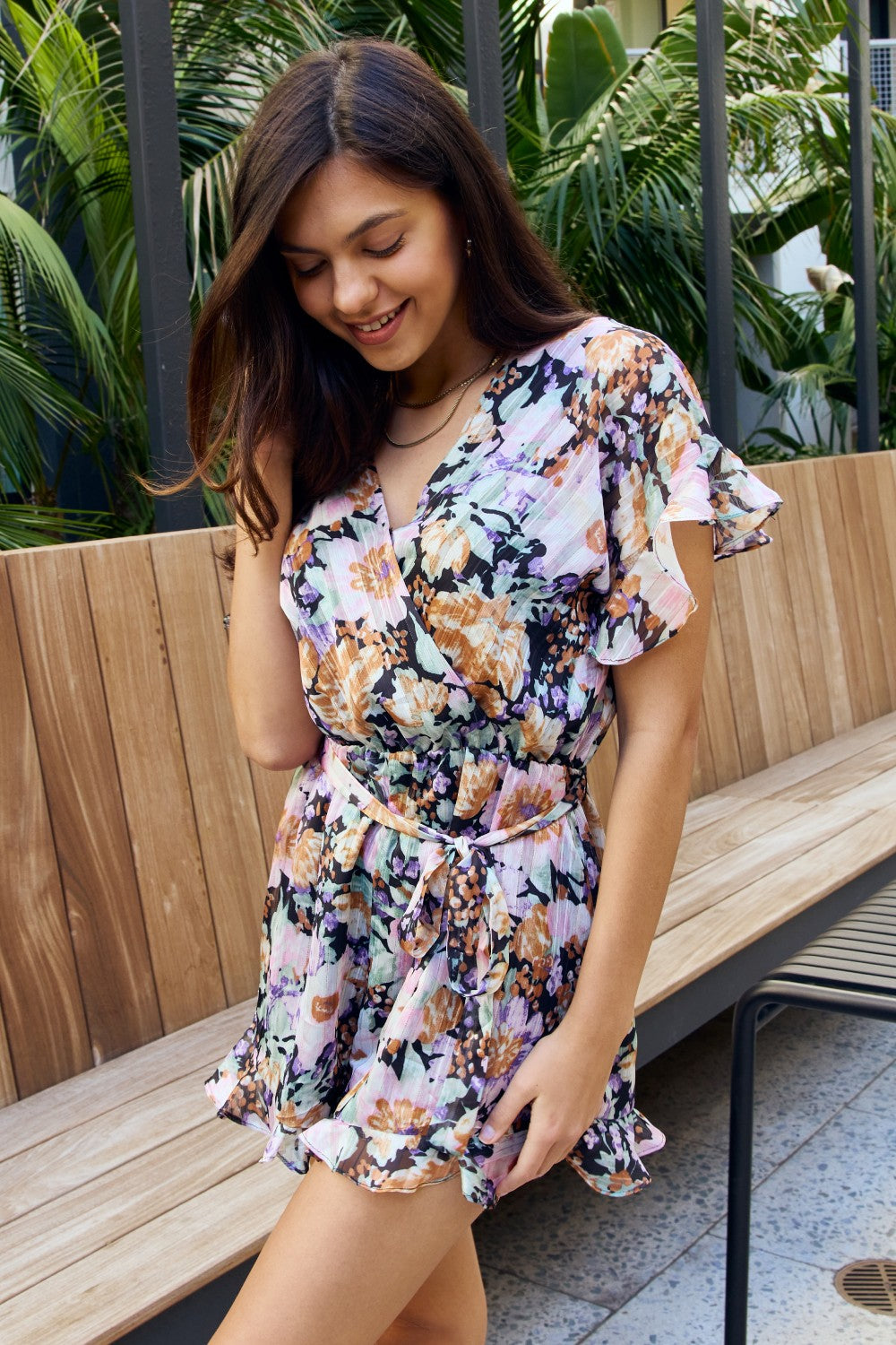 Petal Dew Full Size Floral Tie Belt Ruffled Casual Romper With Short Sleeve