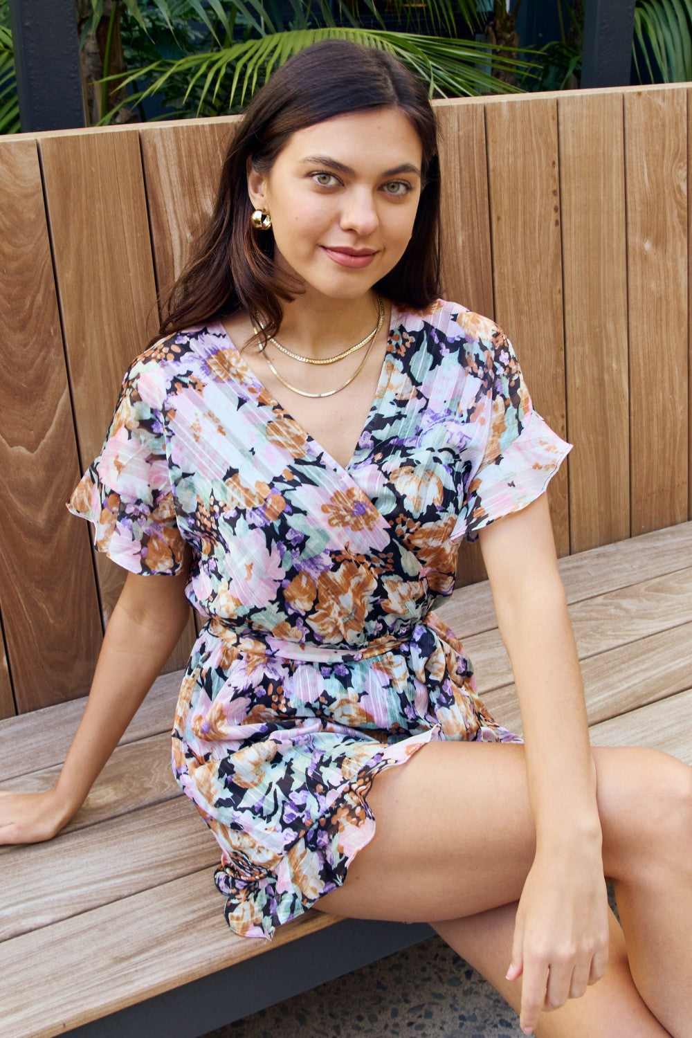 Petal Dew Full Size Floral Tie Belt Ruffled Casual Romper With Short Sleeve